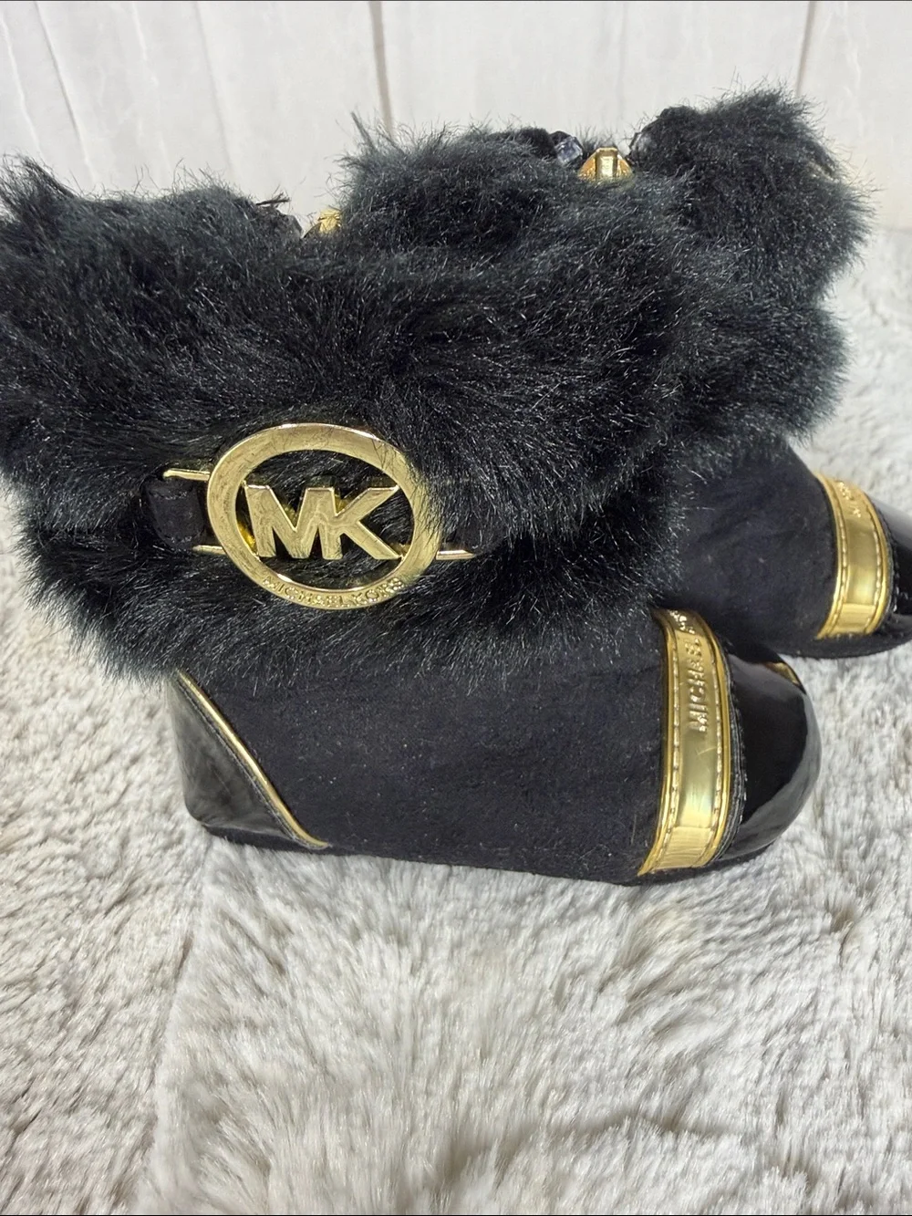 Michael Kors Black Faux Fur Baby Booties with Gold MK Accents